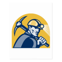 Coal Miner With Pick Axe Retro Woodcut Postcard