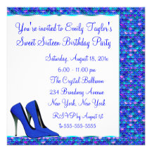 Cobalt Blue High Heel Sequin Sweet Sixteen Party Custom Announcement