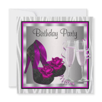 Cocktails Shoes Womans Pink Black Birthday Party Custom Invitation