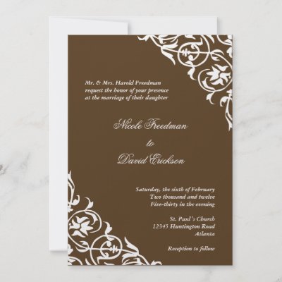 Cocoa brown corner scroll script elegant wedding personalized invitation by