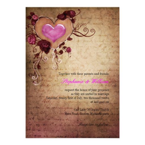 Coeur vintage avec le faire-part de mariage de ros