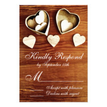 Coeurs en bois de grain de pays rustique épousant  carton d'invitation