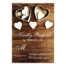 Coeurs en bois de grain de pays rustique épousant  invitation personnalisable