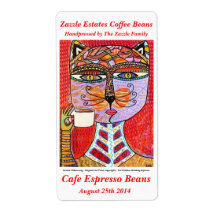 Coffee Bean Label - Cat Goddess Drinking Espresso