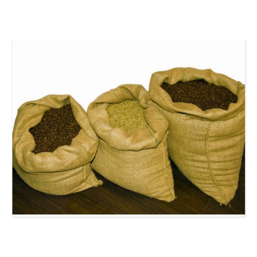 coffee beans in burlap sack postcard