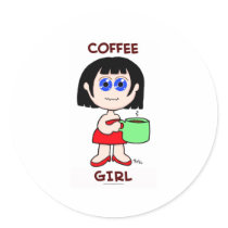 COFFEE GIRL - BLACK HAIR ROUND STICKER