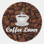 Coffee Lover, White Cup/Brown Beans Round Sticker