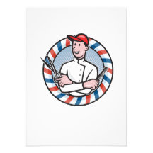 Coiffeur avec les ciseaux et la bande dessinée de  cartons d'invitation
