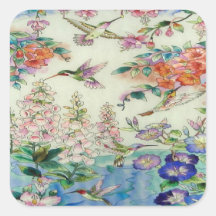 Colibris et verre souillé wow de fleurs autocollants carrés