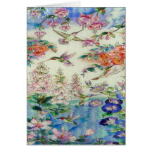 Colibris et verre souillé wow de fleurs cartes de vœux