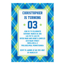Collegiate Style Blue & Green Argyle 5X7 Birthday Personalized Invitations
