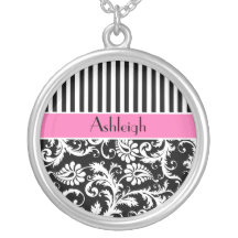 Collier rayé noir, rose, blanc de damassé