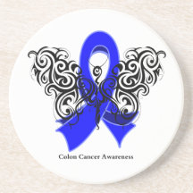 Colon Cancer Tribal Butterfly Ribbon Beverage Coasters