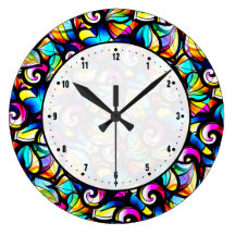 Colorful Abstract Swirls Stained Glass Look Clock