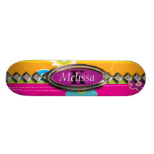 Colorful Flowers Stripes & Butterflies Monogram Skateboard