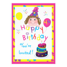 Colorful Hearts Girl 4th Birthday Party Invitation
