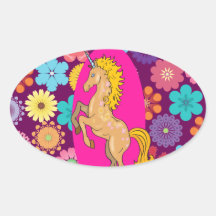 Colorful Mystical Unicorn on Pink Purple Flowers Oval Sticker