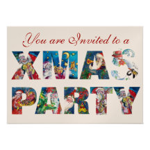 COLORFUL ORNAMENTS MUSICAL SANTA  XMAS NIGHT PARTY PERSONALIZED ANNOUNCEMENTS