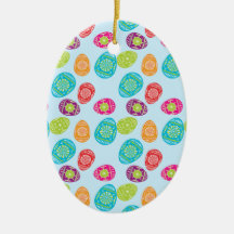 Colorful Spring Easter Eggs Pattern on Baby Blue Christmas Ornament