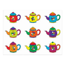 COLORFUL TEAPOTS POSTCARD
