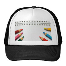 Colour pencils on a notepad mesh hats