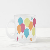 Colourful balloon and confetti covered frosted mug