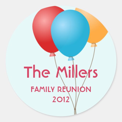 Colourful balloons family reunion party favour lab round stickers