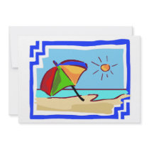 Colourful Beach Scene of Ocean, Sun & Umbrella