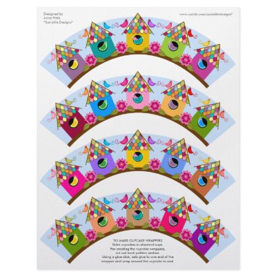 Colourful Birds and Birdhouses Cupcake Wrappers by SocialiteDesigns