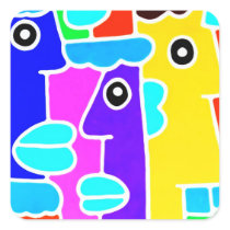 Colourful Cartoon Faces with Fat Blue Lips (m6inv) Square Stickers