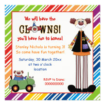 Colourful clown striped border kids birthday personalized invite