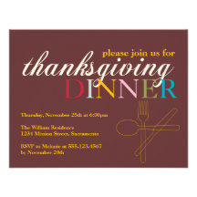 Colourful fall brown Thanksgiving dinner fork knif Personalized Invite