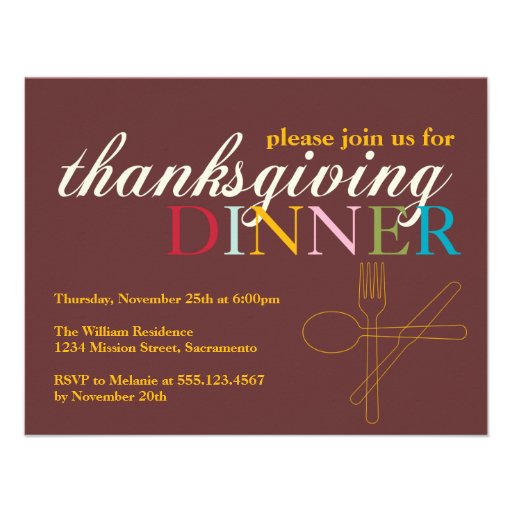 Colourful fall brown Thanksgiving dinner fork knif Personalized Invite