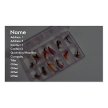 Colourful fishing hooks kept in fly box business card template
