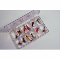 Colourful fishing hooks kept in fly box acrylic cut outs