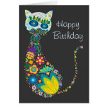 Colourful Floral Cat Happy Birthday Greeting Card