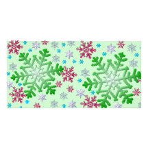 Colourful Snowflakes on Green Photo Card