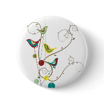 Colourful Summer Bird and Swirls Button