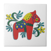 Colourful Swedish Dala Horse Right Facing Ceramic Tiles