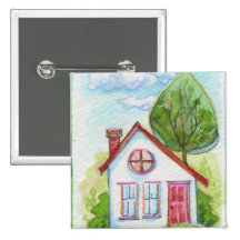 Colourful Watercolor House Pinback Button