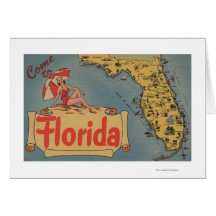 Come to Florida Map of the State, Pin-Up Girl Greeting Card