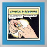 Comic Style Bling Ring Wedding Blue Poster
