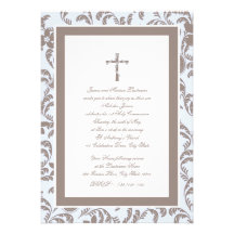 Communion Soft Blue and Brown Paisley Custom Invite