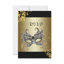 Confetti Mask Black Gold Masquerade Party RSVP Invitation