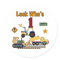 Construction Vehicles 1st Birthday Round Stickers