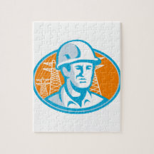 Construction Worker Engineer Pylons Retro Jigsaw Puzzle