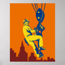 construction worker on hook hoist retro style posters