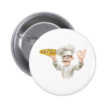 Cook holding a tasty pizza pins