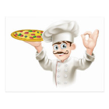 Cook holding a tasty pizza postcards