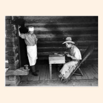 Cook watching a cowboy play cards postcards